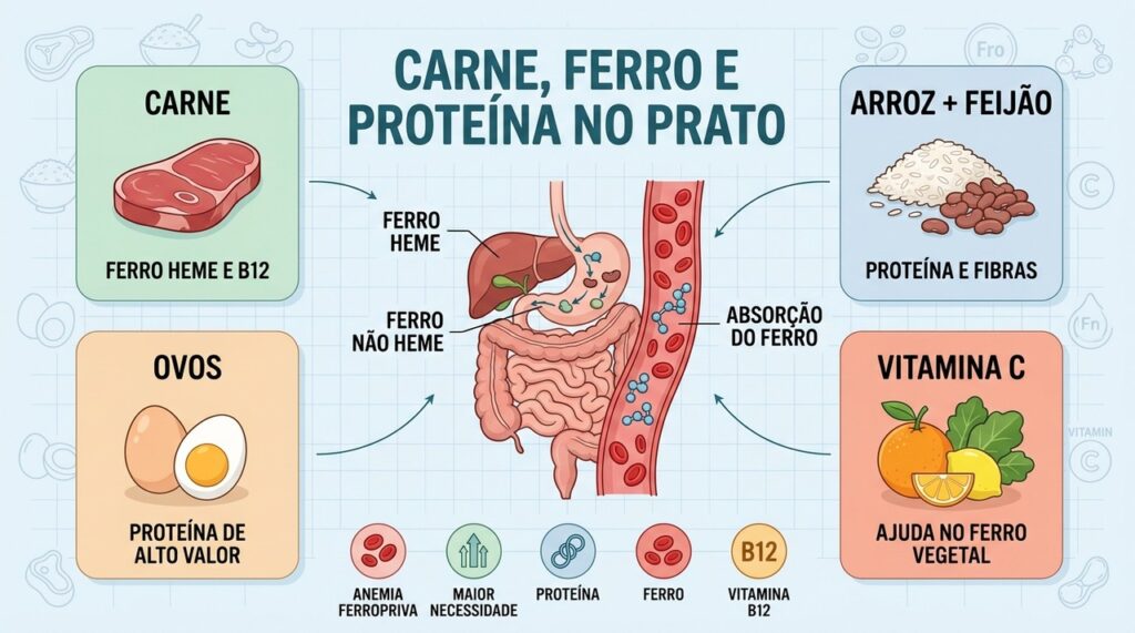 Carne oferece ferro heme, enquanto feijão, ovos e vitamina C ampliam alternativas nutricionais.