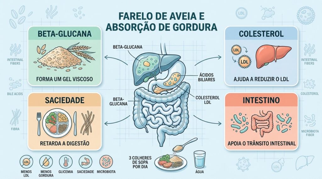 Beta-glucana, saciedade, microbiota e redução do LDL destacam os efeitos do farelo de aveia.