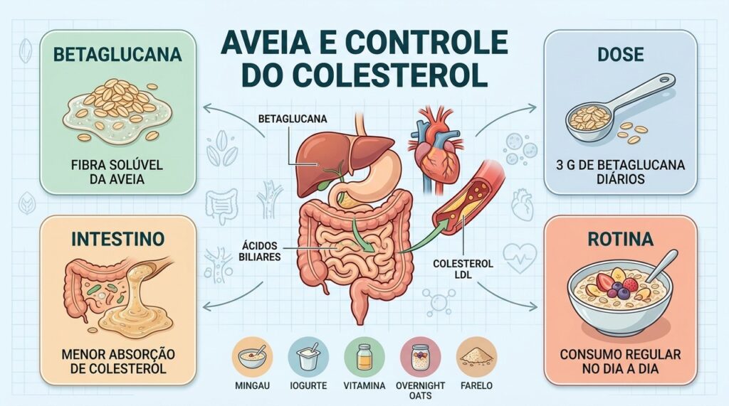 Betaglucana, dose adequada e consumo regular explicam o efeito da aveia sobre o colesterol.