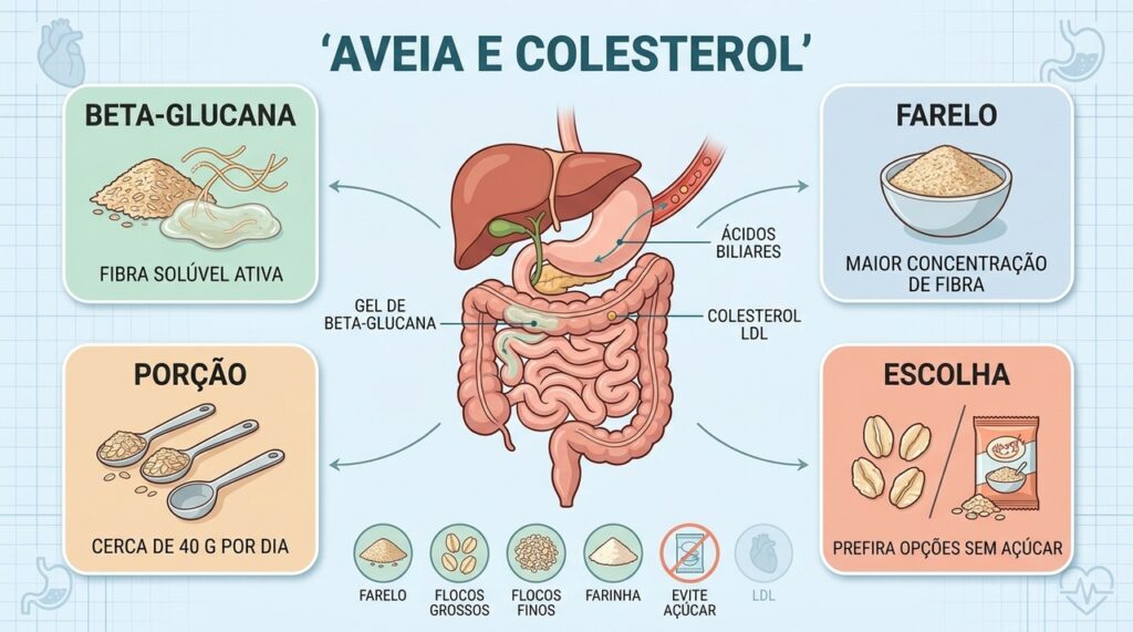 Beta-glucana, quantidade adequada e escolha da aveia influenciam o efeito sobre o colesterol.