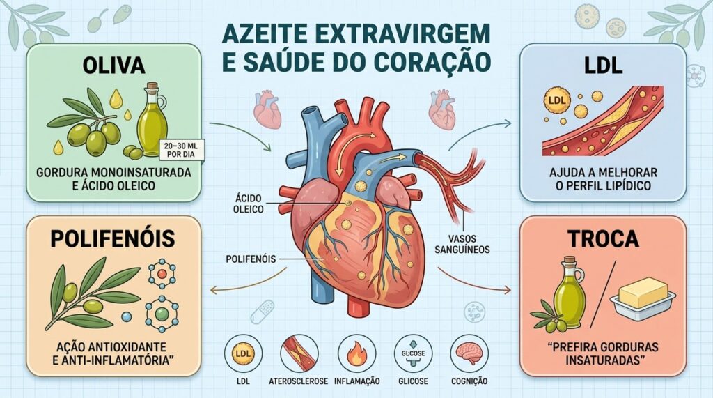 Ácido oleico, polifenóis e menor consumo de gorduras saturadas favorecem a saúde cardiovascular.