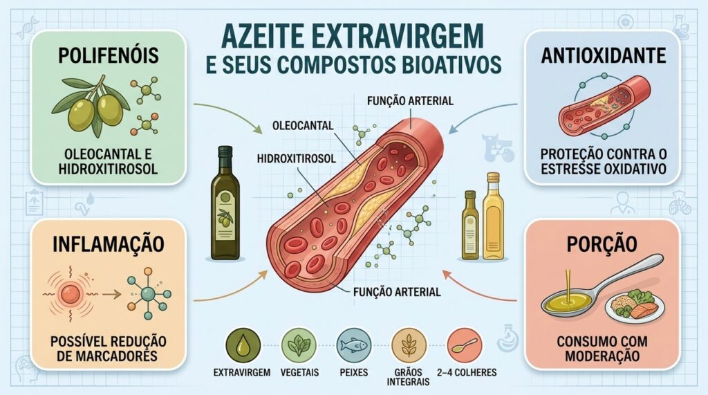 Polifenóis, ação antioxidante e porção adequada explicam o papel do extravirgem.