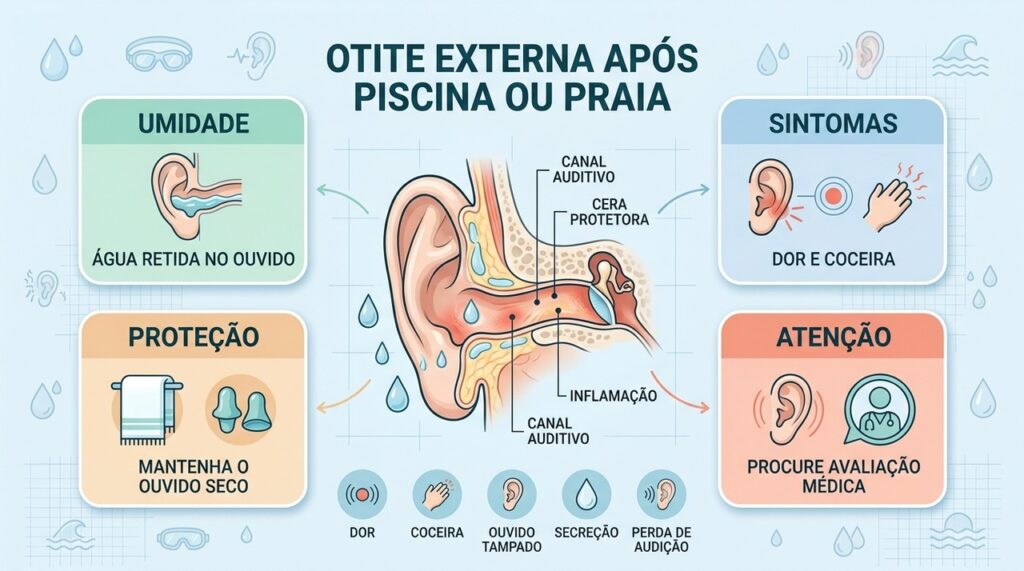 Umidade, dor, coceira e ouvido tampado são sinais importantes de otite externa.