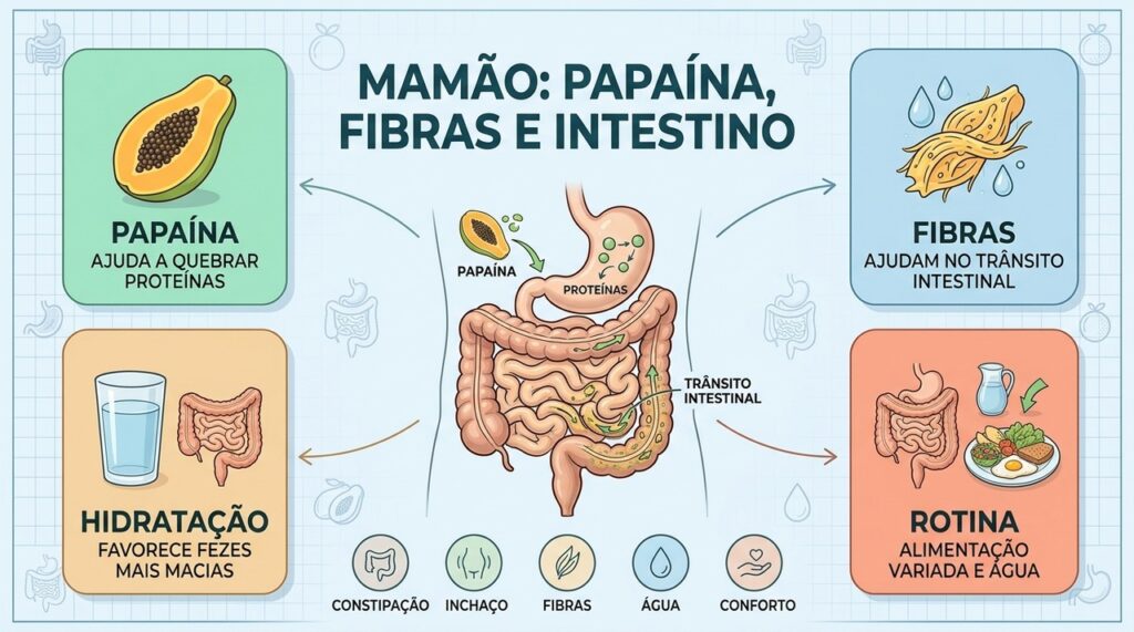 Papaína, fibras e hidratação ajudam a explicar o papel digestivo do mamão.