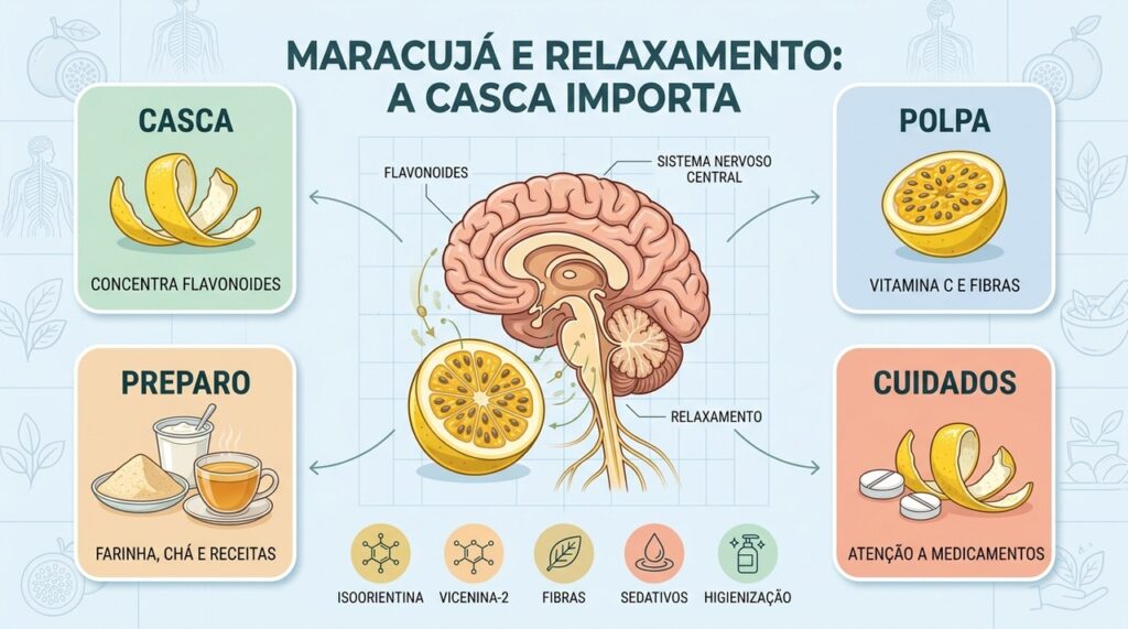 Casca, flavonoides, preparo adequado e cuidados com medicamentos explicam o uso do maracujá.