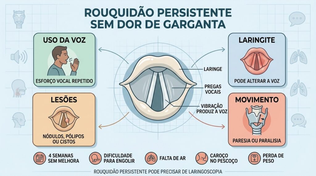 Esforço vocal, laringite, lesões e alterações motoras podem manter a rouquidão.