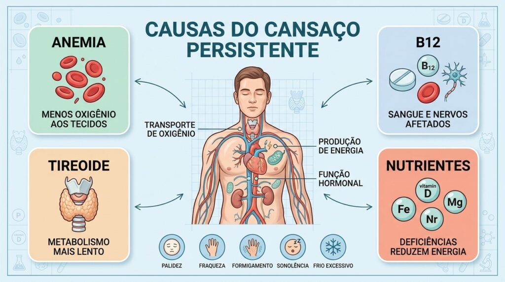 Quatro caminhos ajudam a investigar o cansaço: sangue, nutrientes, tireoide e metabolismo.