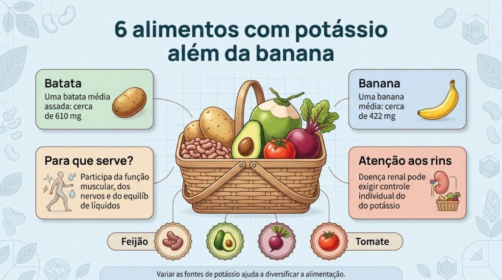 Alimentos comuns de feira podem ajudar a variar as fontes de potássio ao longo do dia.