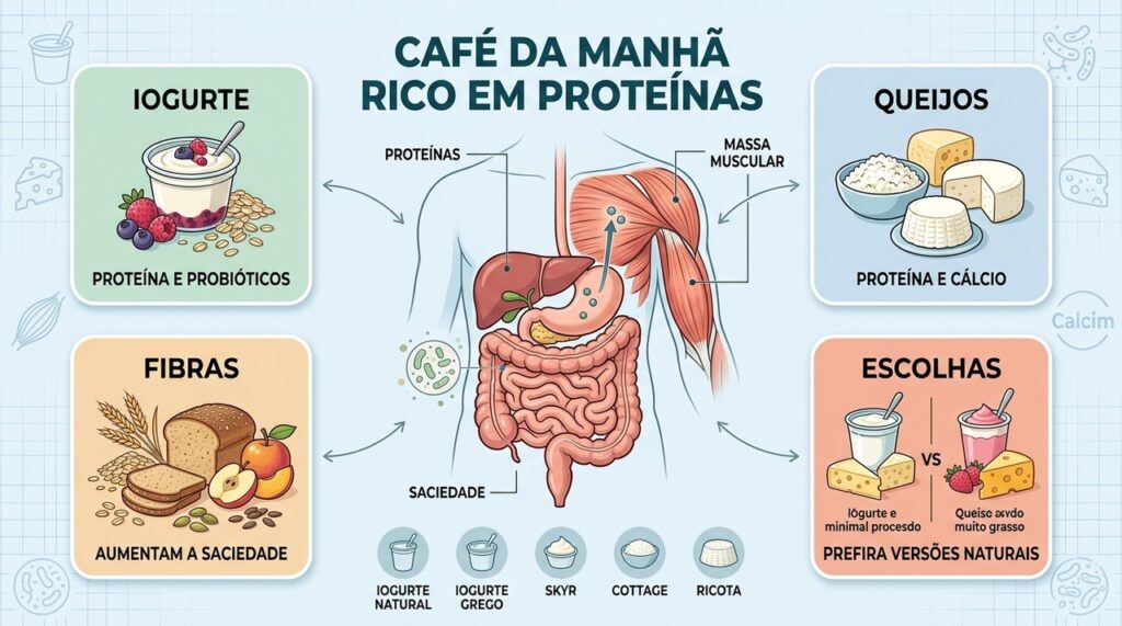 Iogurte, queijos, fibras e boas escolhas ajudam a equilibrar o café da manhã.