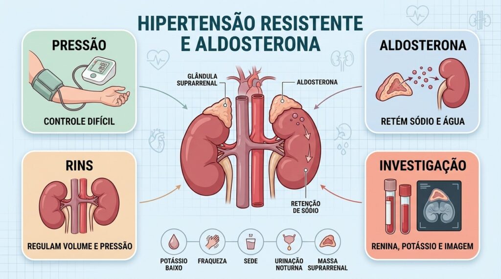 Aldosterona, rins, potássio e exames ajudam a investigar hipertensão resistente de causa secundária.
