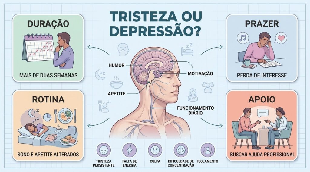 Duração, perda de prazer, alterações físicas e impacto na rotina ajudam a reconhecer sinais de depressão.