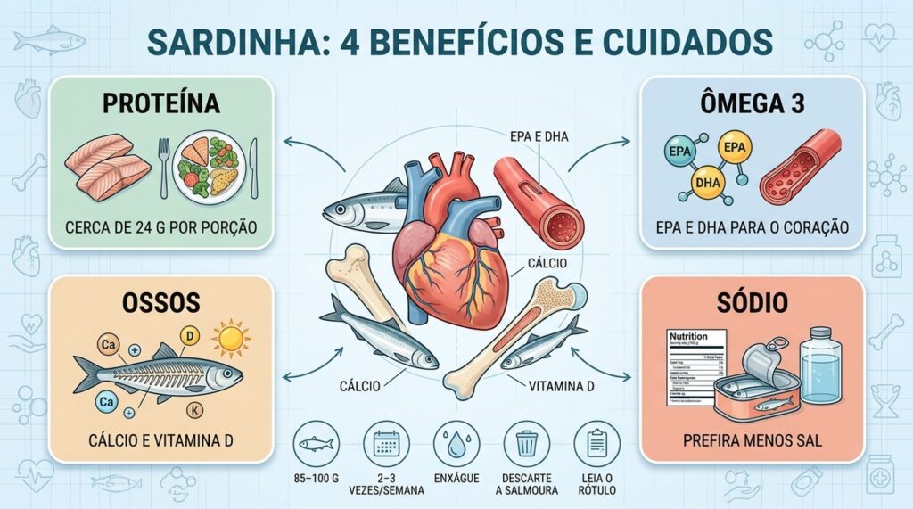 Proteína, ômega 3, cálcio e vitamina D destacam a sardinha, com atenção ao sódio.