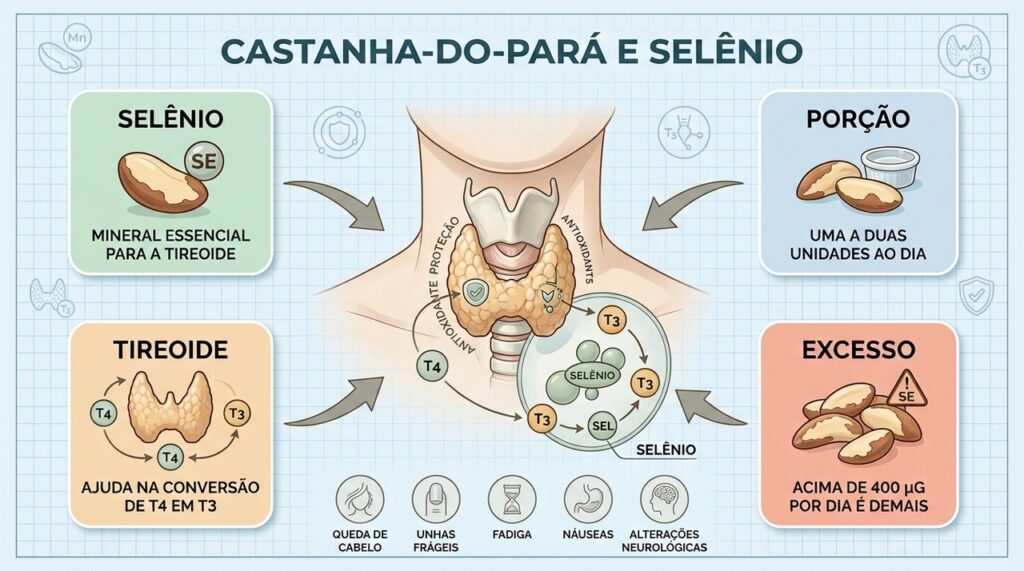 Selênio apoia a tireoide, mas excesso pode causar selenose e sintomas indesejados.