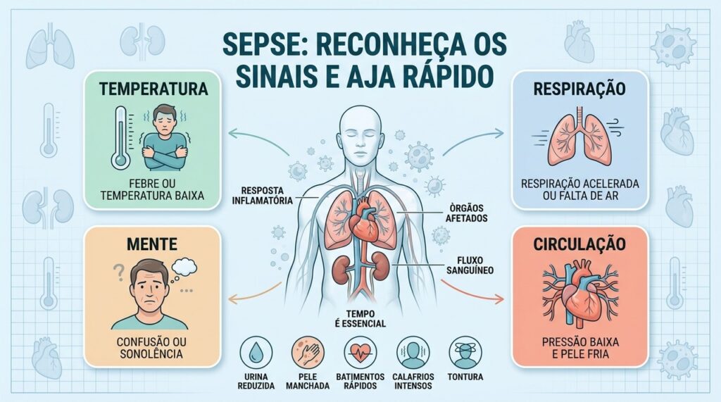 Quatro pilares ajudam a reconhecer sepse: temperatura, respiração, mente e circulação.