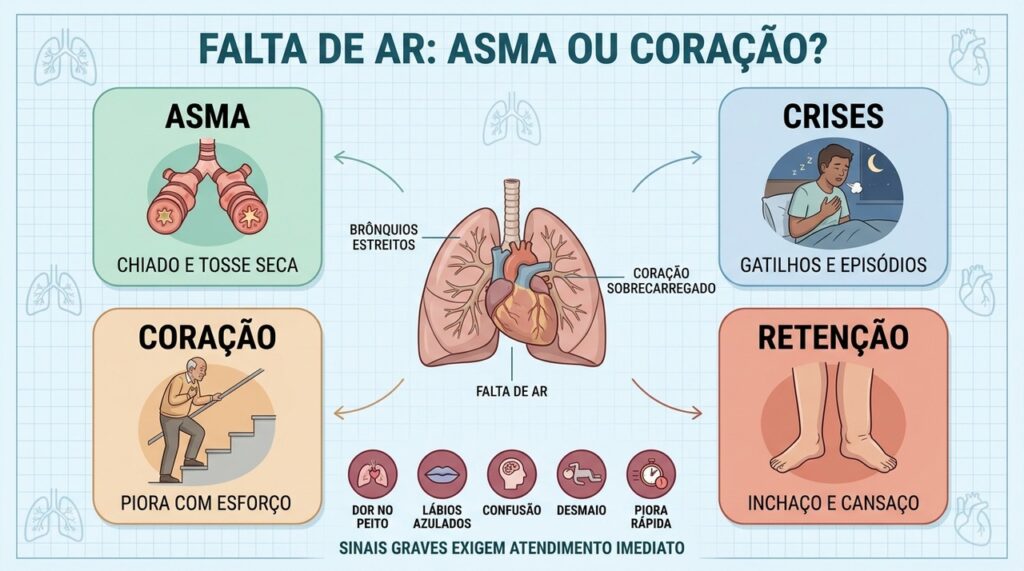 Falta de ar ao deitar e inchaço podem sugerir origem cardíaca.