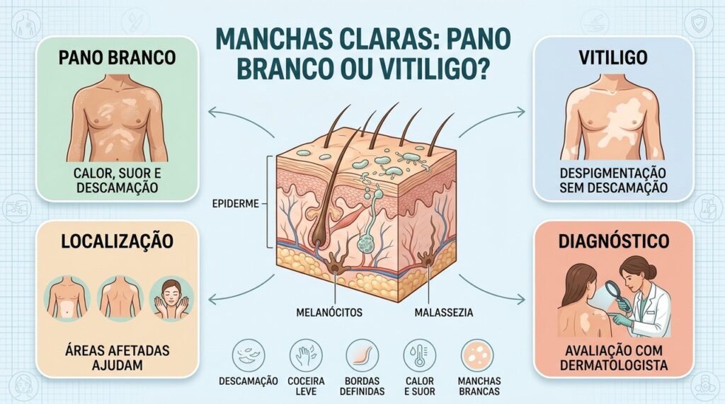 Descamação, localização e exposição ao calor ajudam a diferenciar pano branco de vitiligo.