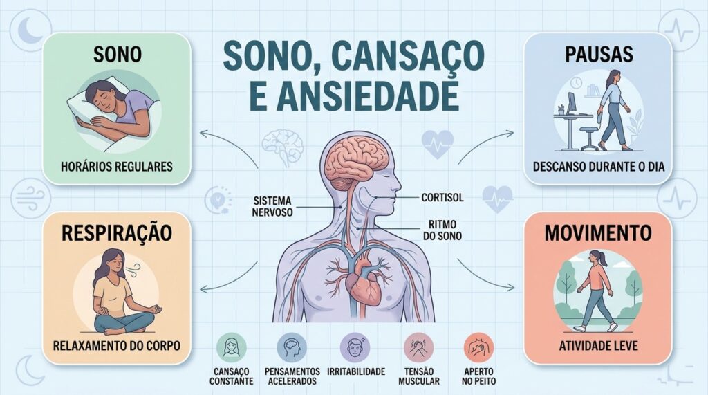 Sono regular, pausas, respiração e movimento ajudam a interromper o ciclo entre cansaço e ansiedade.