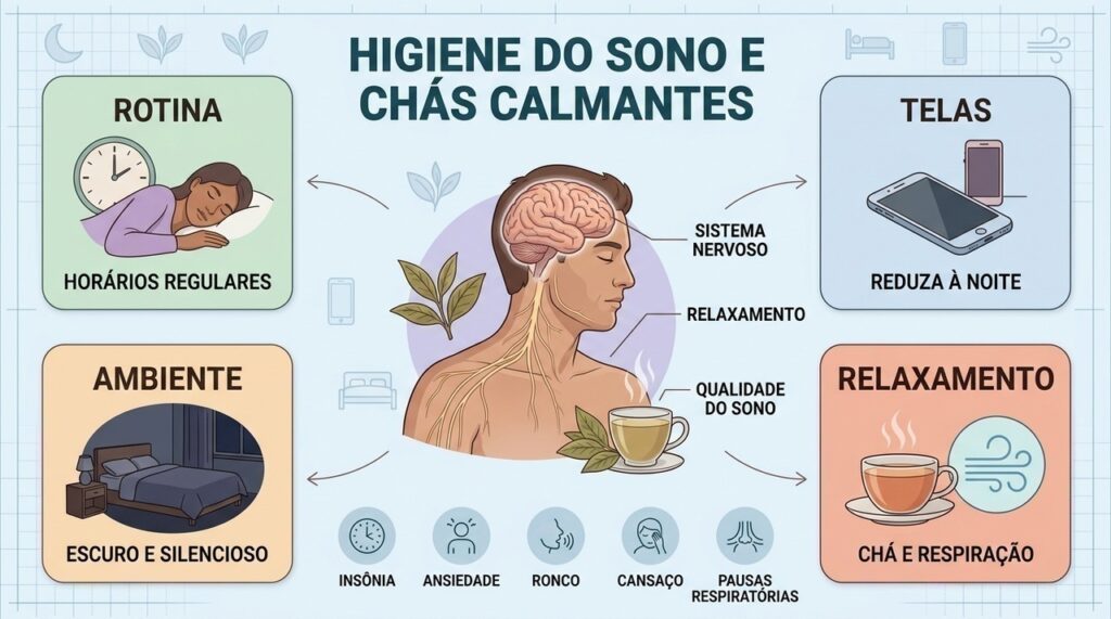 Rotina, ambiente, menos telas e relaxamento complementam o uso eventual de chás calmantes.
