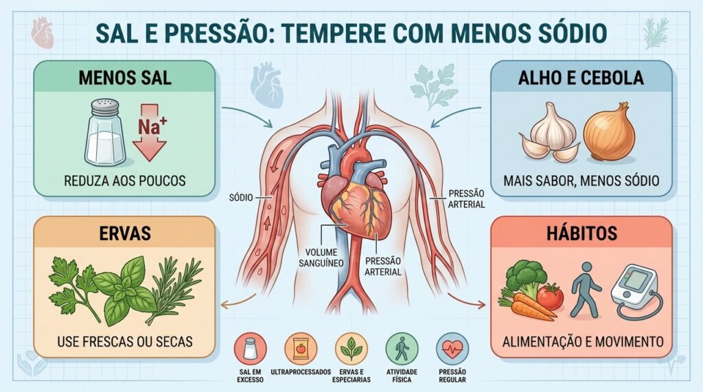 Menos sódio, mais ervas e hábitos saudáveis formam um cuidado contínuo da pressão.