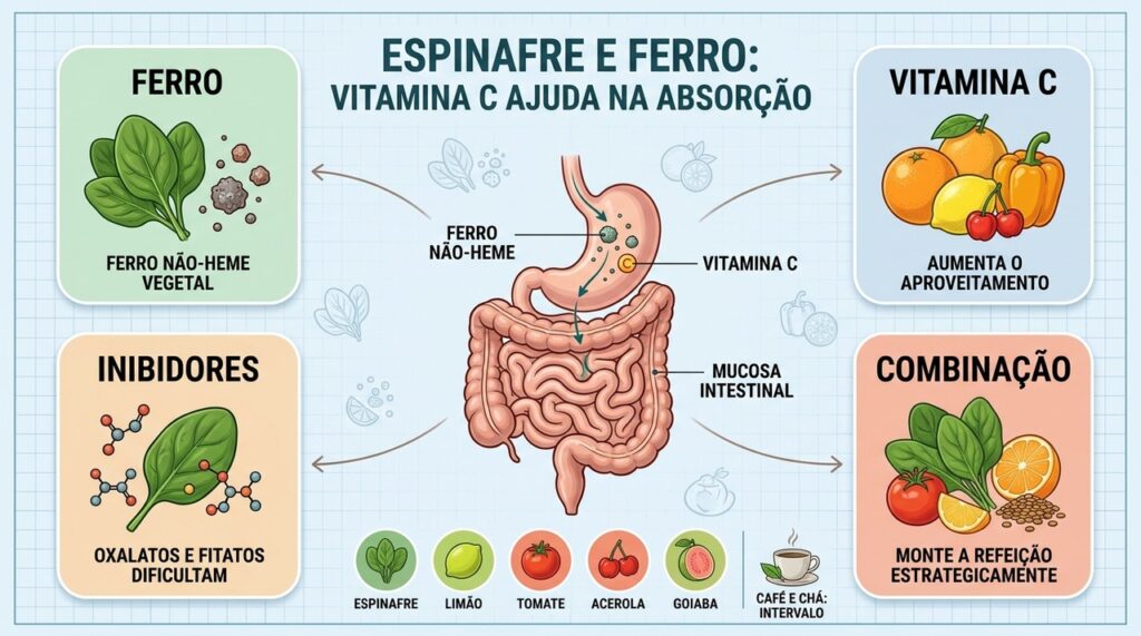 Vitamina C favorece a absorção do ferro não-heme presente no espinafre.