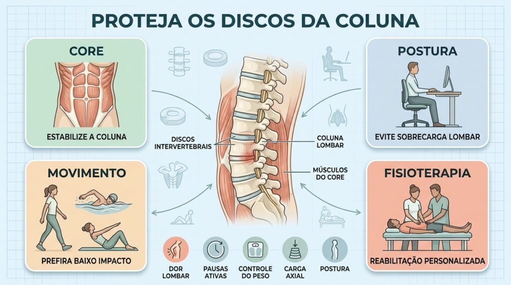 Core, postura, movimento e fisioterapia ajudam a proteger os discos e controlar a dor.