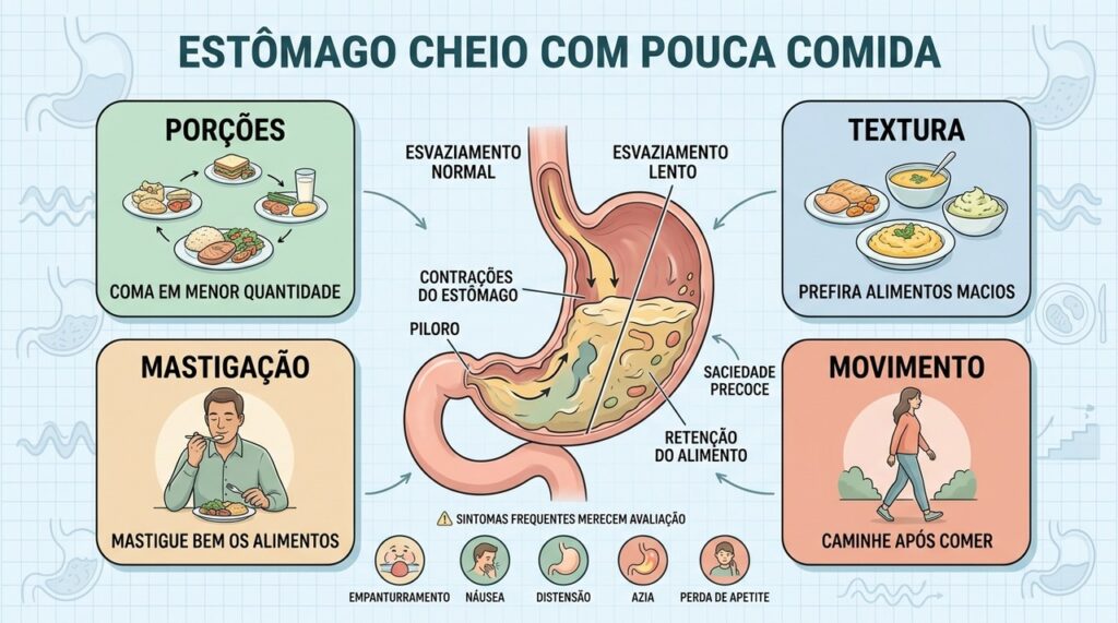 Porções menores, textura adequada e mastigação podem reduzir o desconforto pós-refeição.