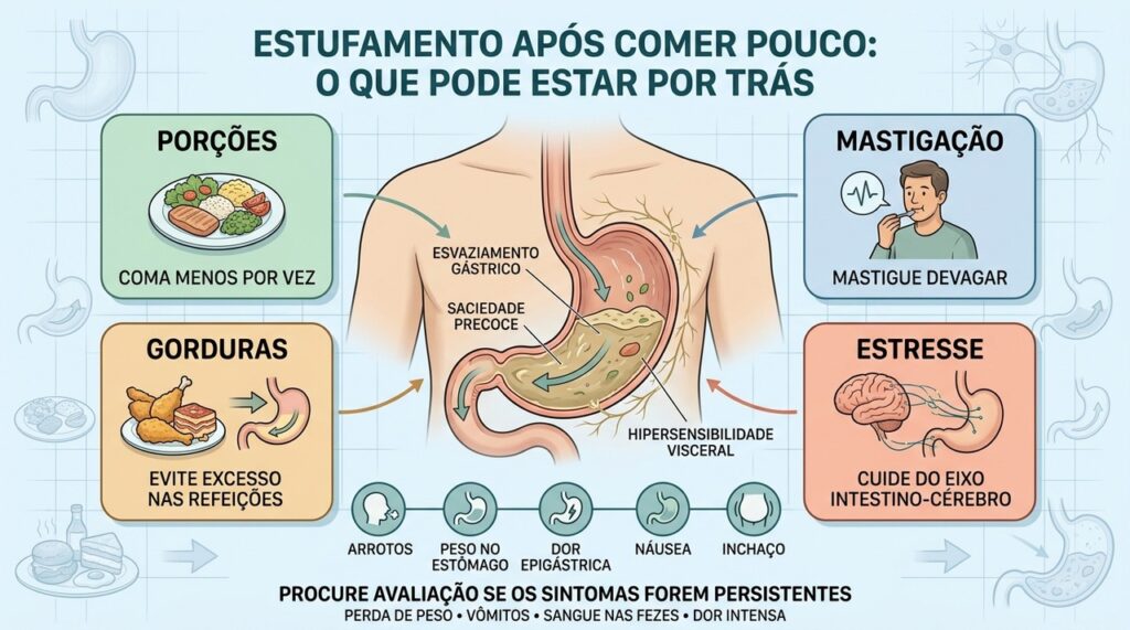 Porções menores, mastigação lenta e controle do estresse podem reduzir o estufamento persistente.