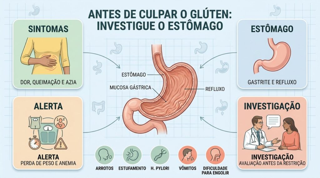 Sintomas, sinais de alerta e causas gástricas ajudam a orientar a investigação digestiva.