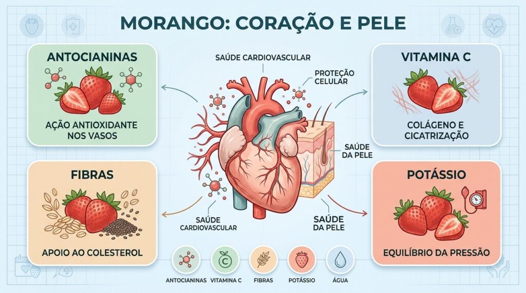 Antocianinas, vitamina C, fibras e potássio ajudam a conectar morango, coração e pele.