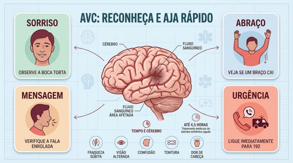 Sorriso, abraço, mensagem e urgência ajudam a reconhecer o AVC rapidamente.