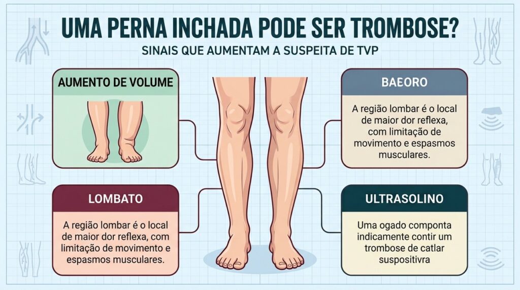 Inchaço unilateral, calor, alteração da cor e fatores de risco aumentam a suspeita.