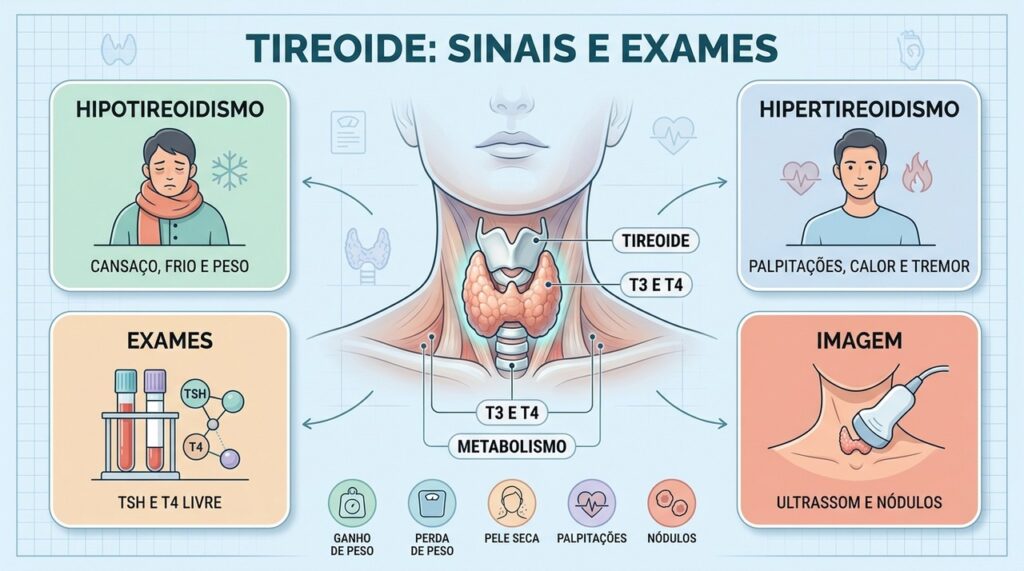Sintomas variados e exames específicos ajudam a diferenciar tireoide lenta, acelerada e nódulos.