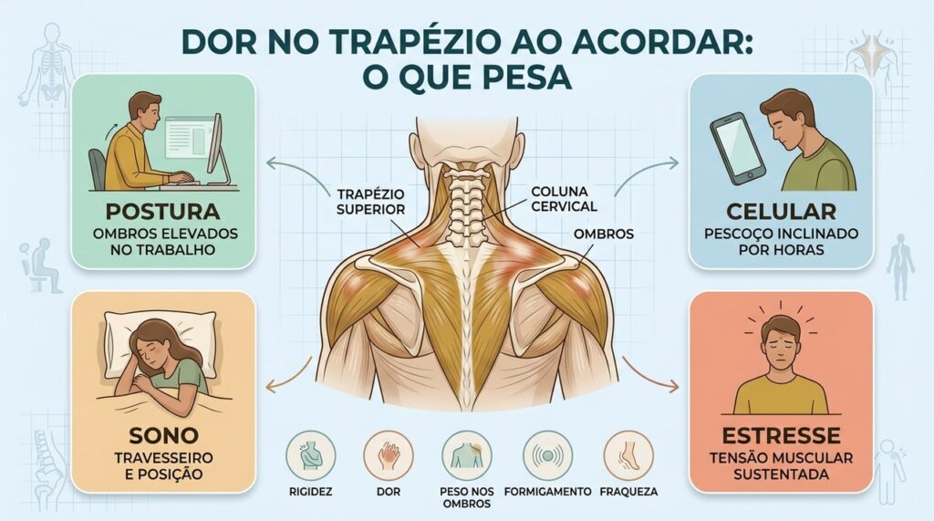Postura, celular, sono e estresse se combinam para aumentar a tensão no trapézio.