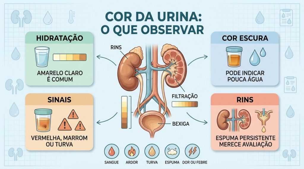 Hidratação, alterações de cor e sinais urinários ajudam a orientar quando investigar.