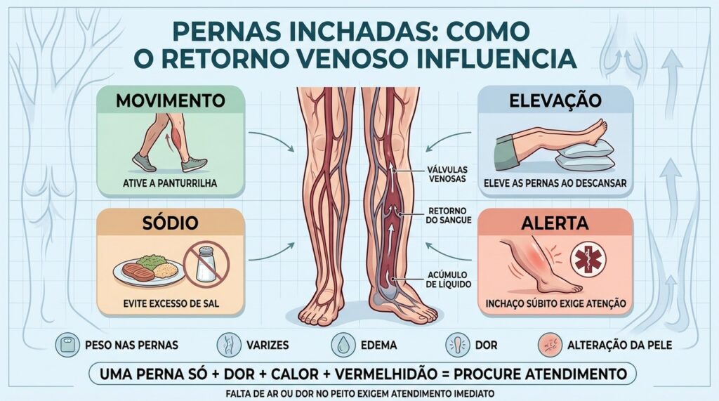 Movimento, elevação e atenção aos sinais de alerta ajudam a proteger a circulação venosa.