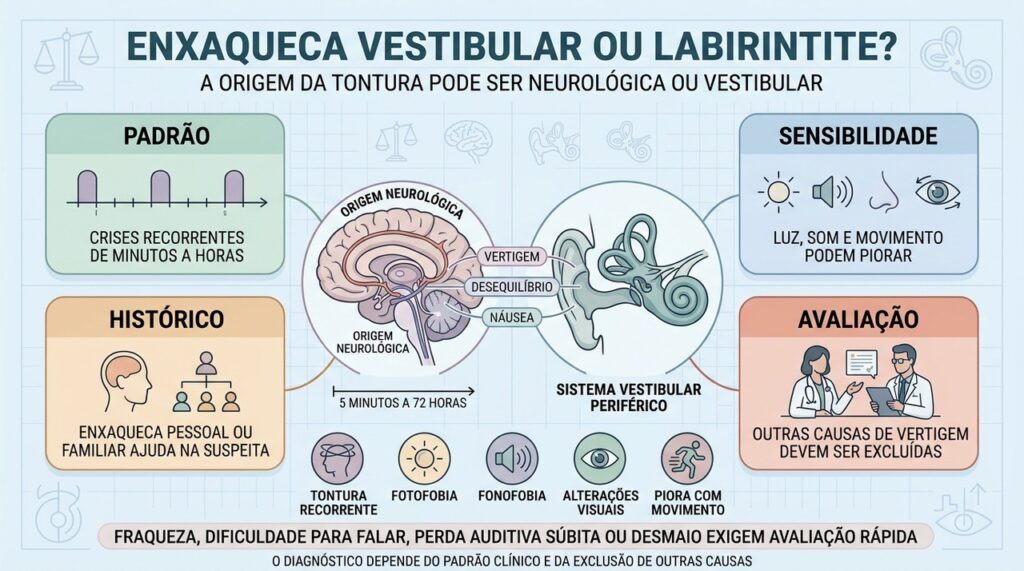 Recorrência, fotofobia e histórico de enxaqueca ajudam a diferenciar causas da vertigem.