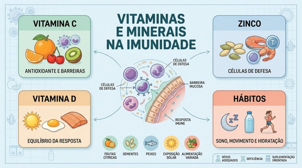 Vitamina C, zinco, vitamina D e hábitos saudáveis contribuem para uma imunidade equilibrada.