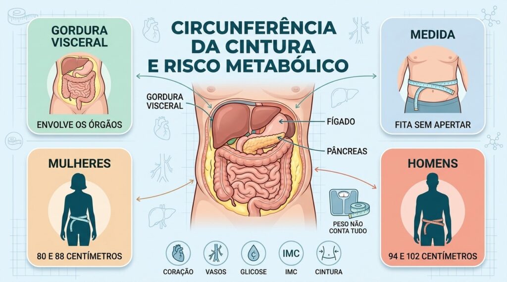 A cintura complementa o peso e ajuda a identificar gordura visceral e risco cardiometabólico.