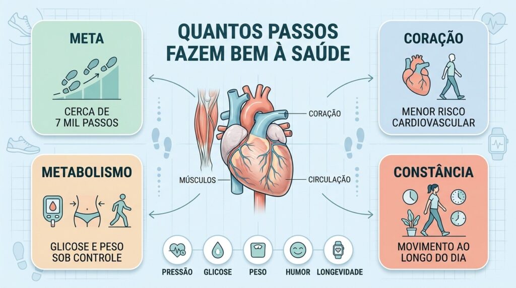 A constância nos passos diários favorece coração, metabolismo, saúde mental e longevidade.