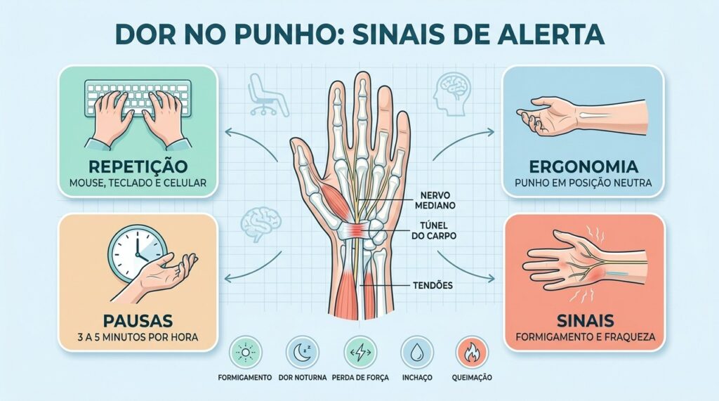 Repetição, ergonomia, pausas e sinais neurológicos ajudam a reconhecer problemas no punho.