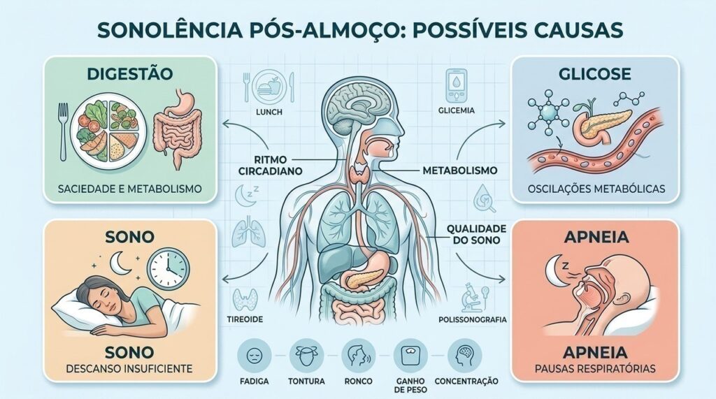 Digestão, glicose, sono insuficiente e apneia podem contribuir para a sonolência pós-almoço.
