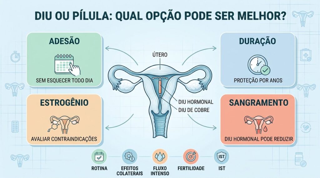 Adesão, duração, contraindicações e sangramento ajudam a orientar a escolha do método contraceptivo.
