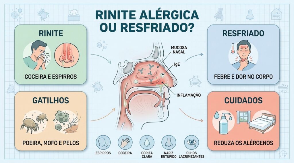 Coceira, espirros e coriza clara diferenciam a rinite alérgica do resfriado comum.