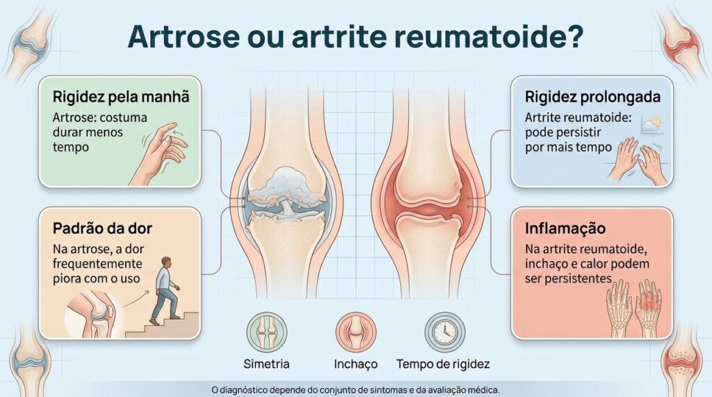 Tempo de rigidez, padrão da dor e presença de inflamação ajudam o médico a diferenciar as duas condições.