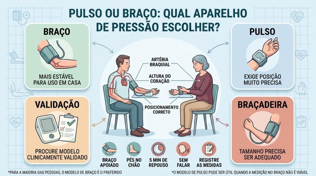 Braço, pulso, validação e braçadeira definem a confiabilidade da medição.