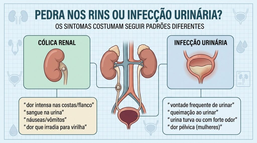 Dor em ondas, ardor, urgência e febre ajudam a diferenciar os quadros.