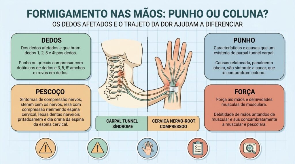 Dedos afetados, trajeto da dor, punho e pescoço orientam a investigação.