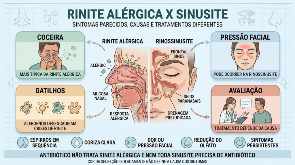 Coceira, gatilhos, pressão facial e duração ajudam a orientar a diferença entre os quadros.