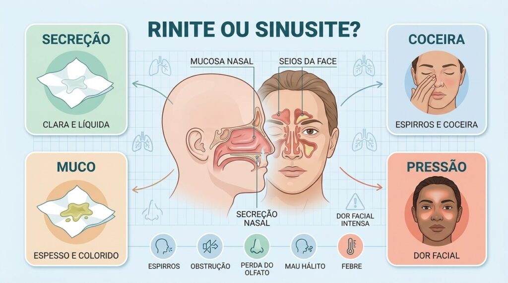 Aparência da secreção, coceira e pressão facial ajudam a diferenciar rinite de sinusite.