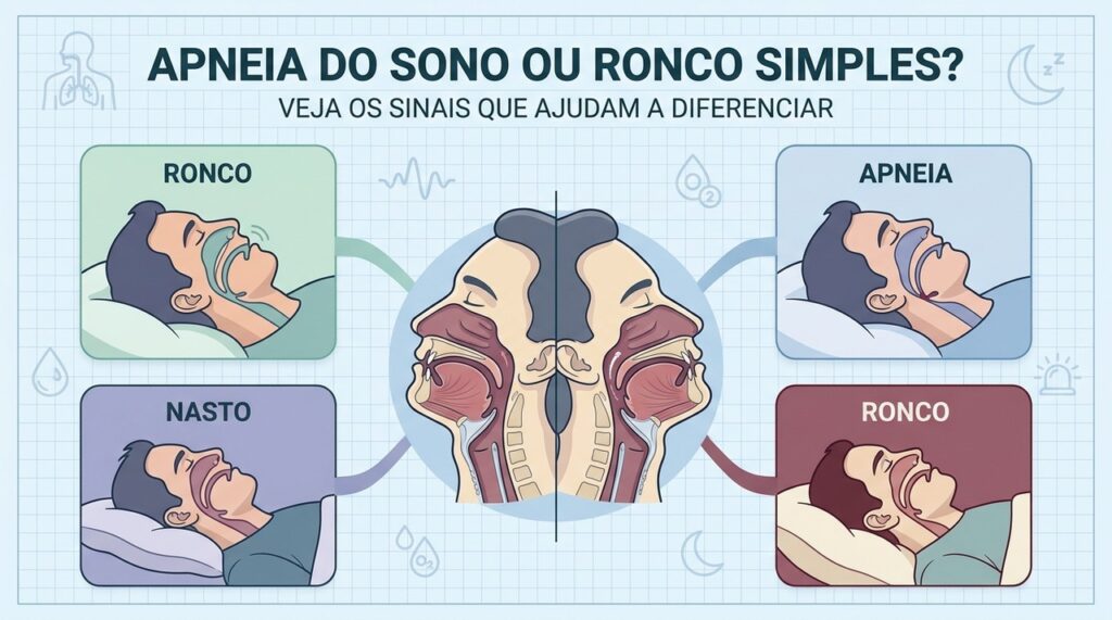 Ronco mantém fluxo de ar; apneia provoca obstruções, pausas e sono fragmentado.